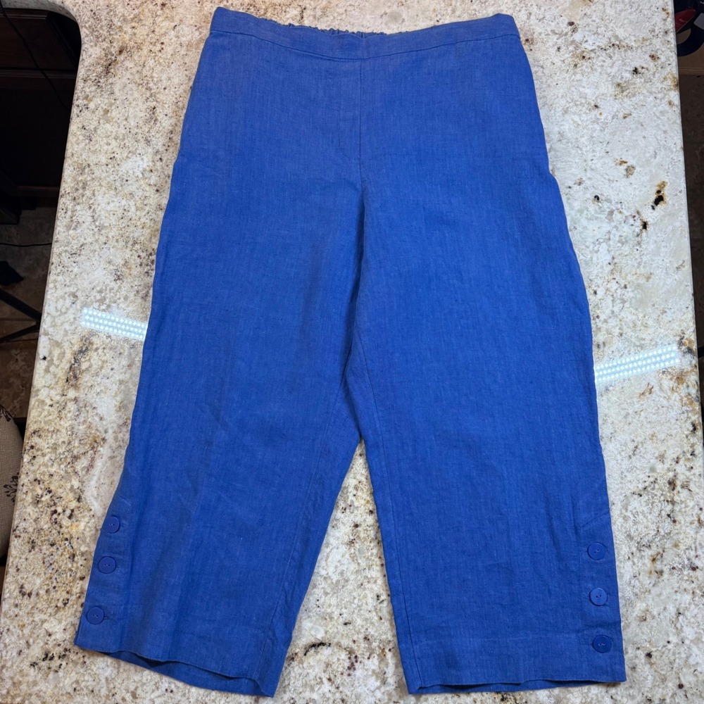 Chico's Linen Crop Pants Womens US 20 Blue Wide Leg Pull On Button Hem Plus - Picture 6 of 16